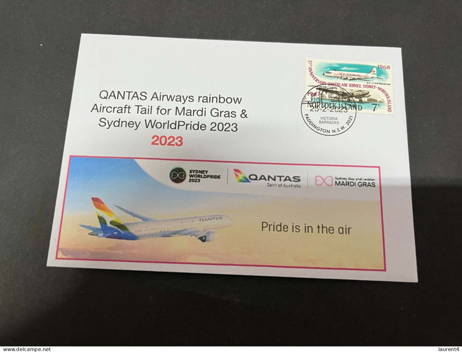 26-9-2023 (2 U 12) Sydney World Pride 2023 - QANTAS Rainbow Aircraft Tail (QANTAS To Norfolk) 25-2-2023 - Covers & Documents