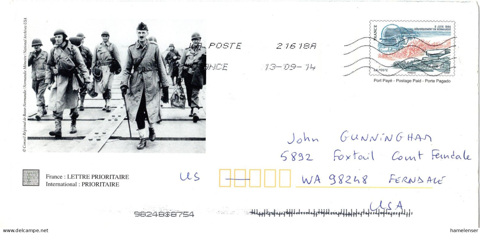 L70145 - Frankreich - 2014 - GASoUmschlag "D-Day" 21618A -> Ferndale, WA (USA) - Cartas & Documentos