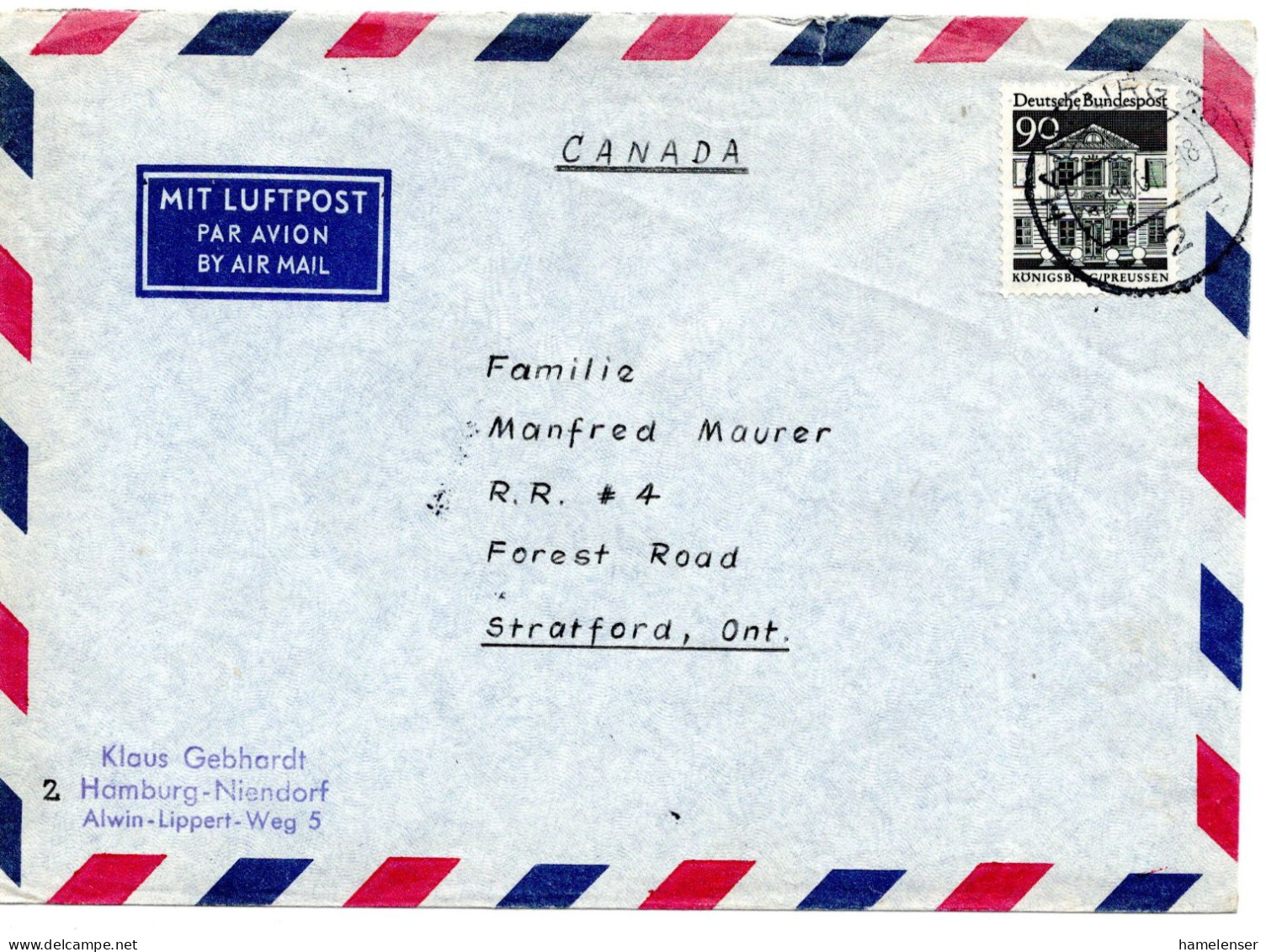 70148 - Bund - 1967 - 90Pfg Gr.Bauten EF A LpBf HAMBURG -> Stratford, ON (Canada) - Lettres & Documents