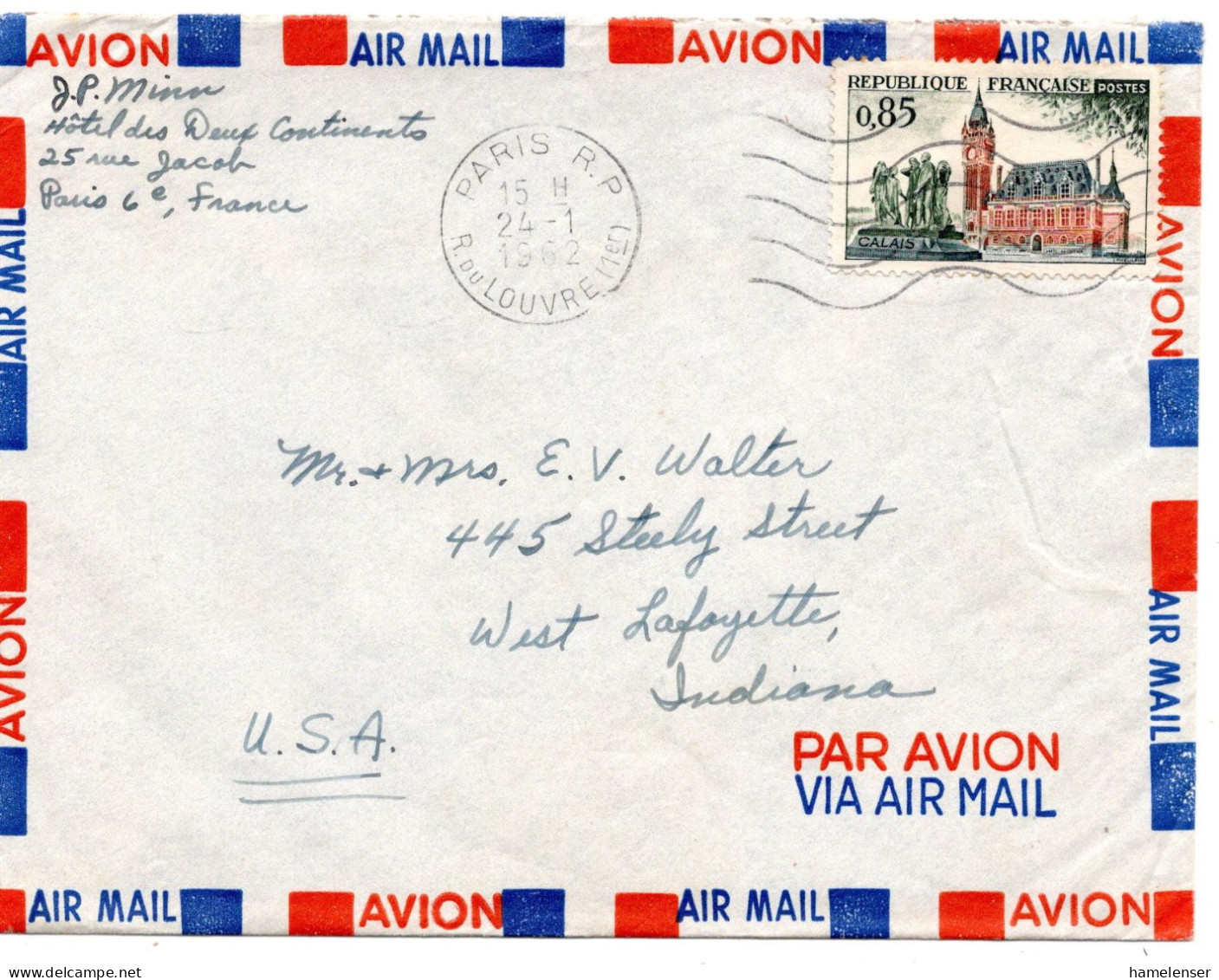 70149 - Frankreich - 1962 - 85c Calais EF A LpBf PARIS -> West Lafayette, IN (USA) - Briefe U. Dokumente