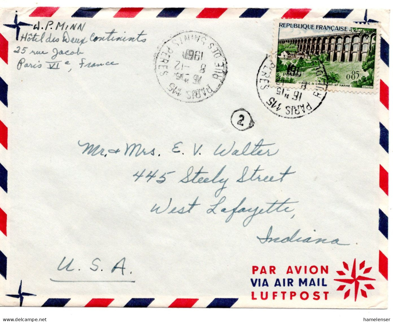 70154 - Frankreich - 1961 - 85c Viadukt EF A LpBf PARIS -> West Lafayette, IN (USA) - Brieven En Documenten
