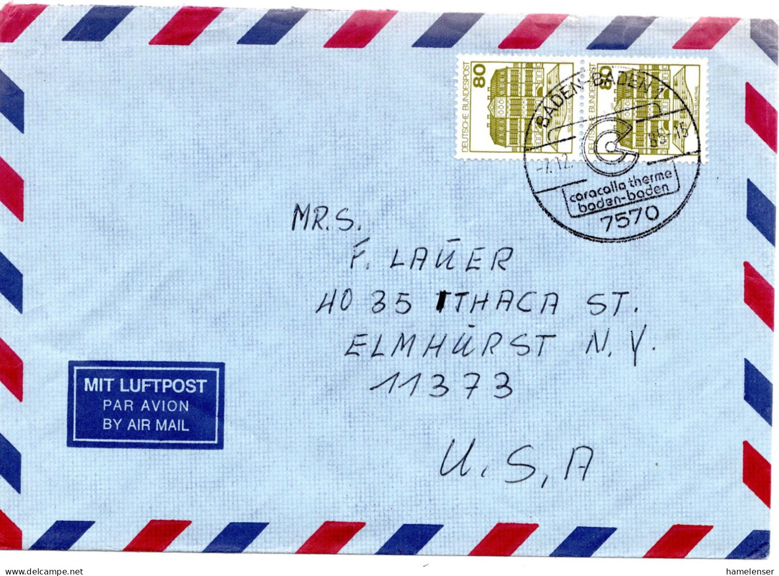 70157 - Bund - 1985 - 2@80Pfg B&S A LpBf BADEN-BADEN - ... -> Elmhurst, NY (USA) - Cartas & Documentos