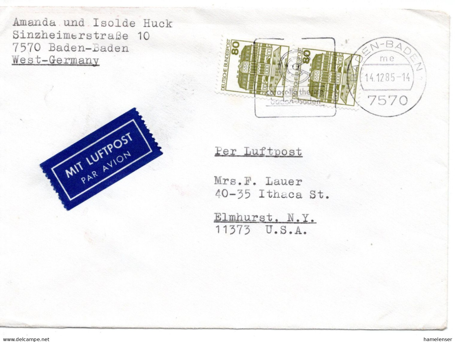 70160 - Bund - 1985 - 2@80Pfg B&S A LpBf BADEN-BADEN - ... -> Elmhurst, NY (USA) - Lettres & Documents