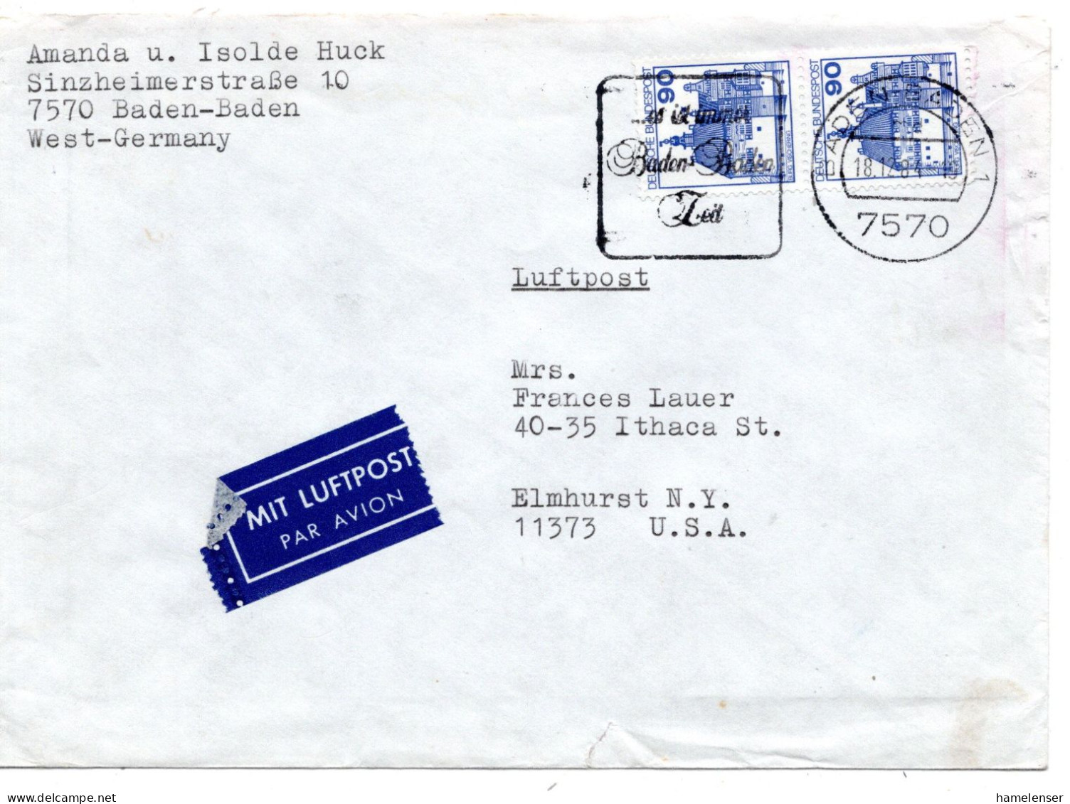 70162 - Bund - 1984 - 2@90Pfg B&S A LpBf BADEN-BADEN - ... -> Elmhurst, NY (USA) - Cartas & Documentos