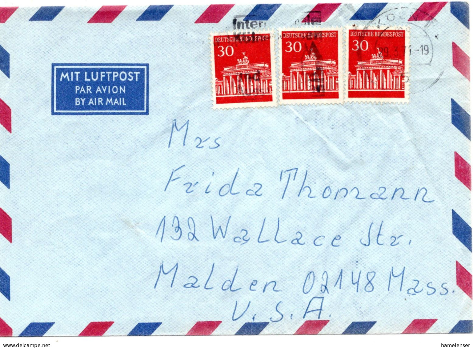 70167 - Bund - 1971 - 3@30Pfg Brandenburger Tor A LpBf KOELN - ... -> Malden, MA (USA) - Storia Postale