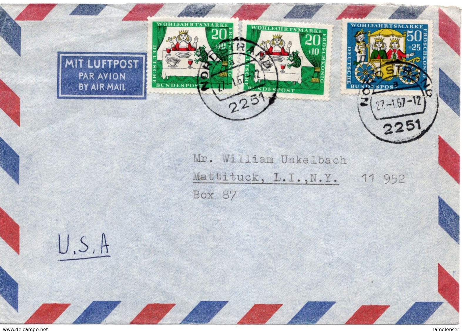 70175 - Bund - 1967 - 50Pfg WoFa '66 MiF A LpBf NORDSTRAND -> Mattituck, NY (USA) - Briefe U. Dokumente