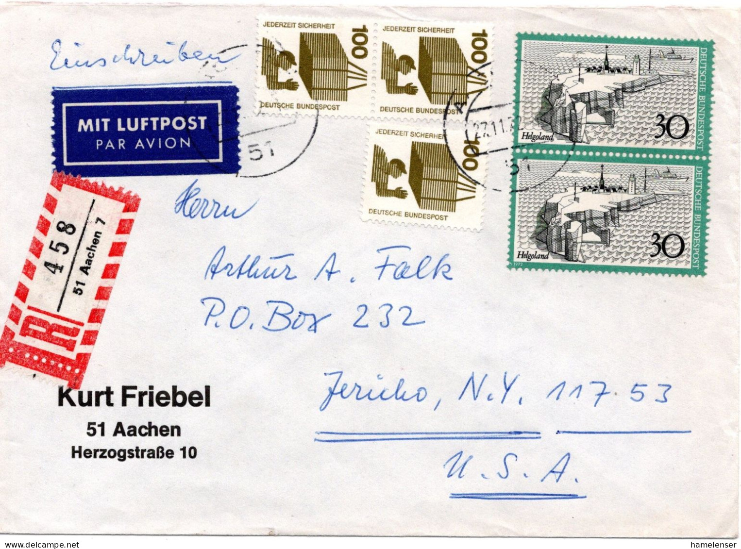 70179 - Bund - 1972 - 3@100Pfg Unfall MiF A R-LpBf AACHEN -> Jericho, NY (USA) - Covers & Documents