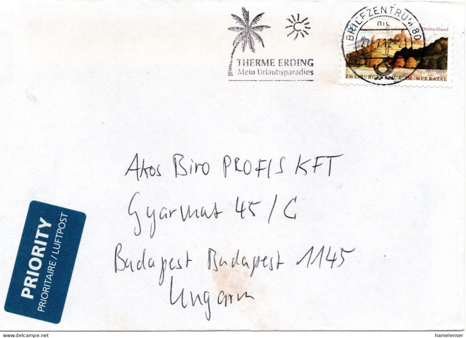 70180 - Bund - 2012 - 90c Werratal EF A LpBf BRIEFZENTRUM 80 - THERME ERDING ... -> Ungarn - Cartas & Documentos