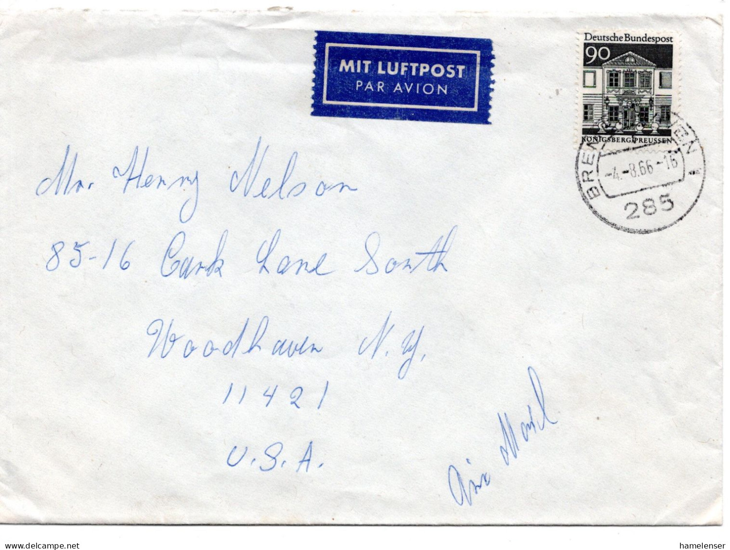 70183 - Bund - 1966 - 90Pfg Gr.Bauten EF A LpBf BREMERHAVEN -> Woodhaven, NY (USA) - Lettres & Documents