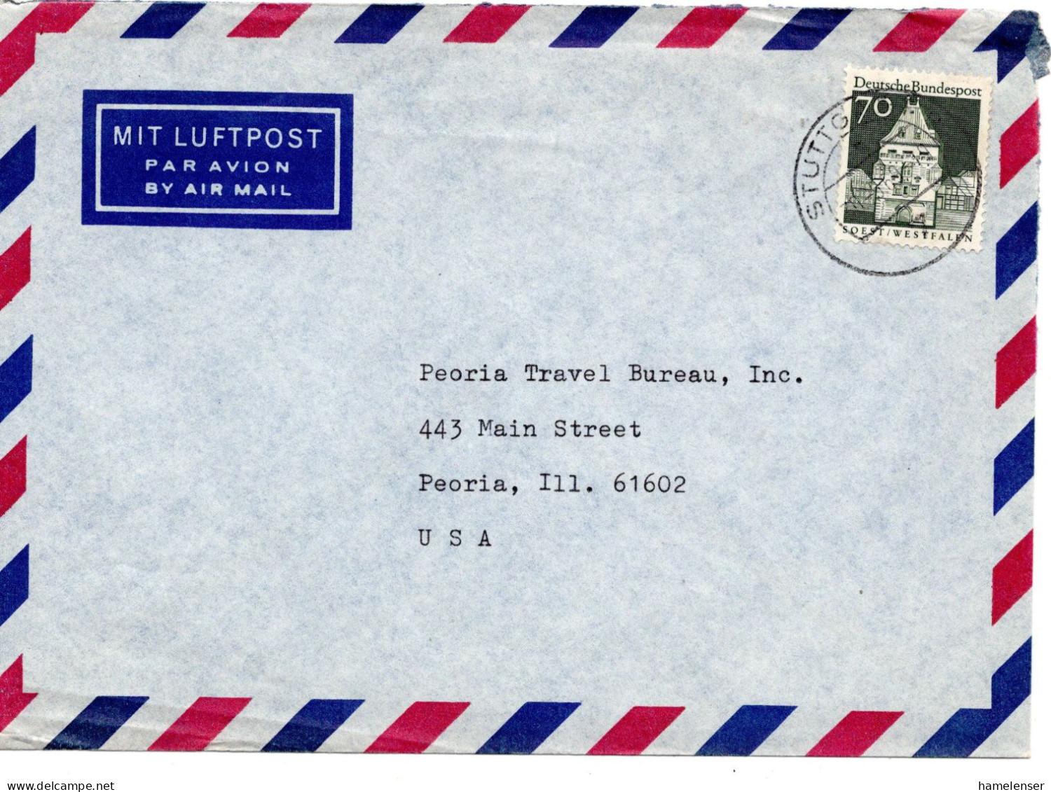 70186 - Bund - 1969 - 70Pfg Gr.Bauten EF A LpBf STUTTGART -> Peoria, IL (USA) - Covers & Documents