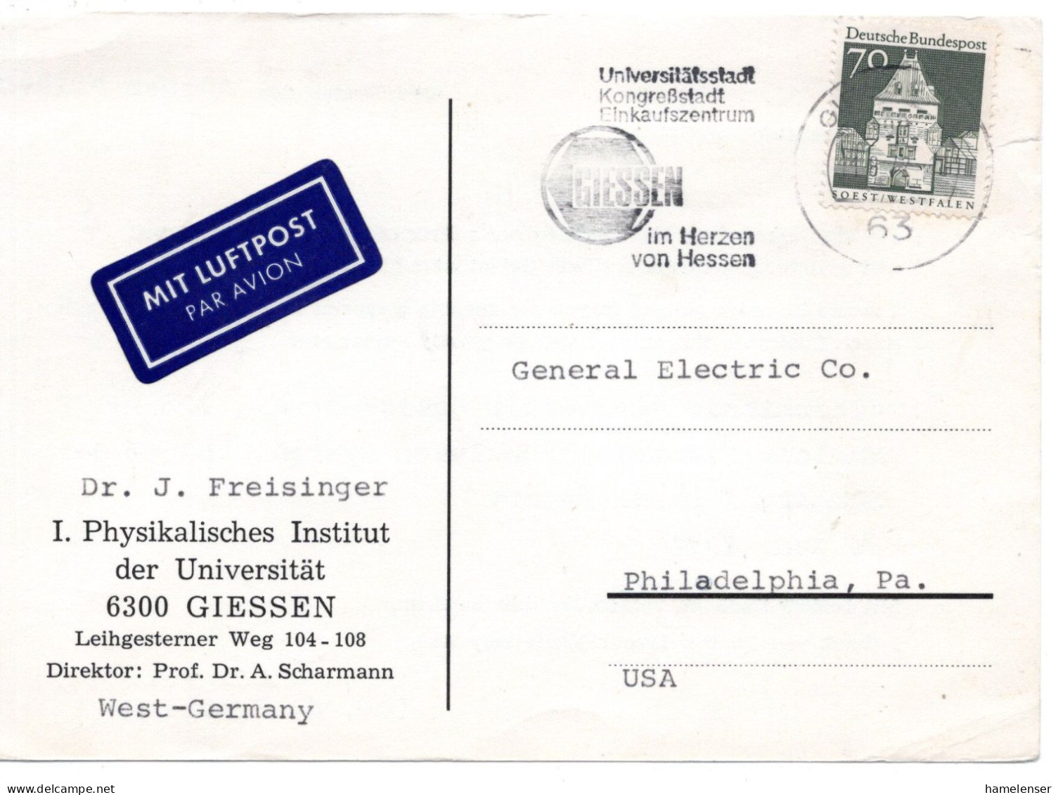 70188 - Bund - 1972 - 70Pfg Gr.Bauten EF A LpKte GIESSEN - ... -> Philadelphia, PA (USA) - Lettres & Documents