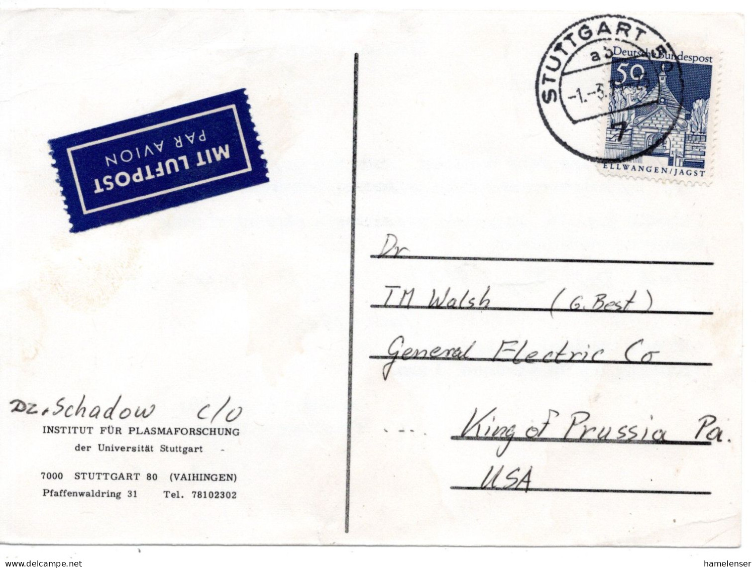 70190 - Bund - 1971 - 50Pfg Gr.Bauten EF A LpKte STUTTGART -> King Of Prussia, PA (USA) - Covers & Documents