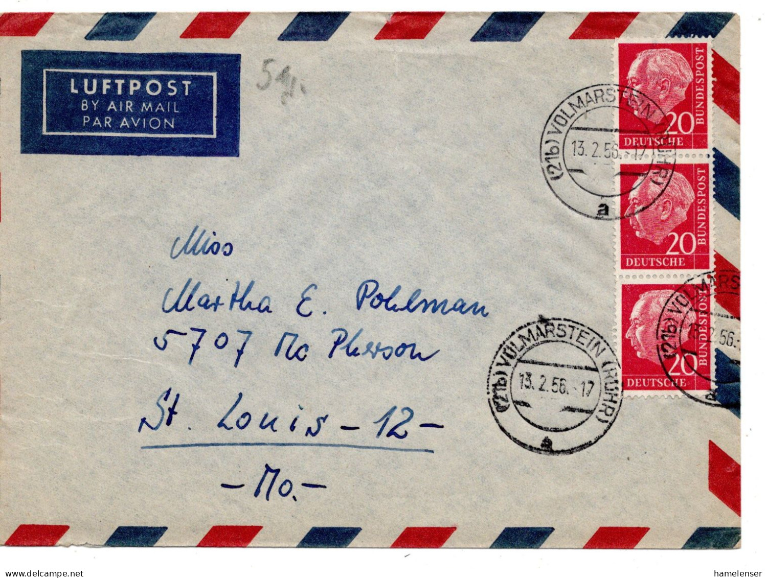70192 - Bund - 1956 - 3@20Pfg Heuss I A LpBf VOLMARSTEIN -> St Louis, MO (USA) - Briefe U. Dokumente