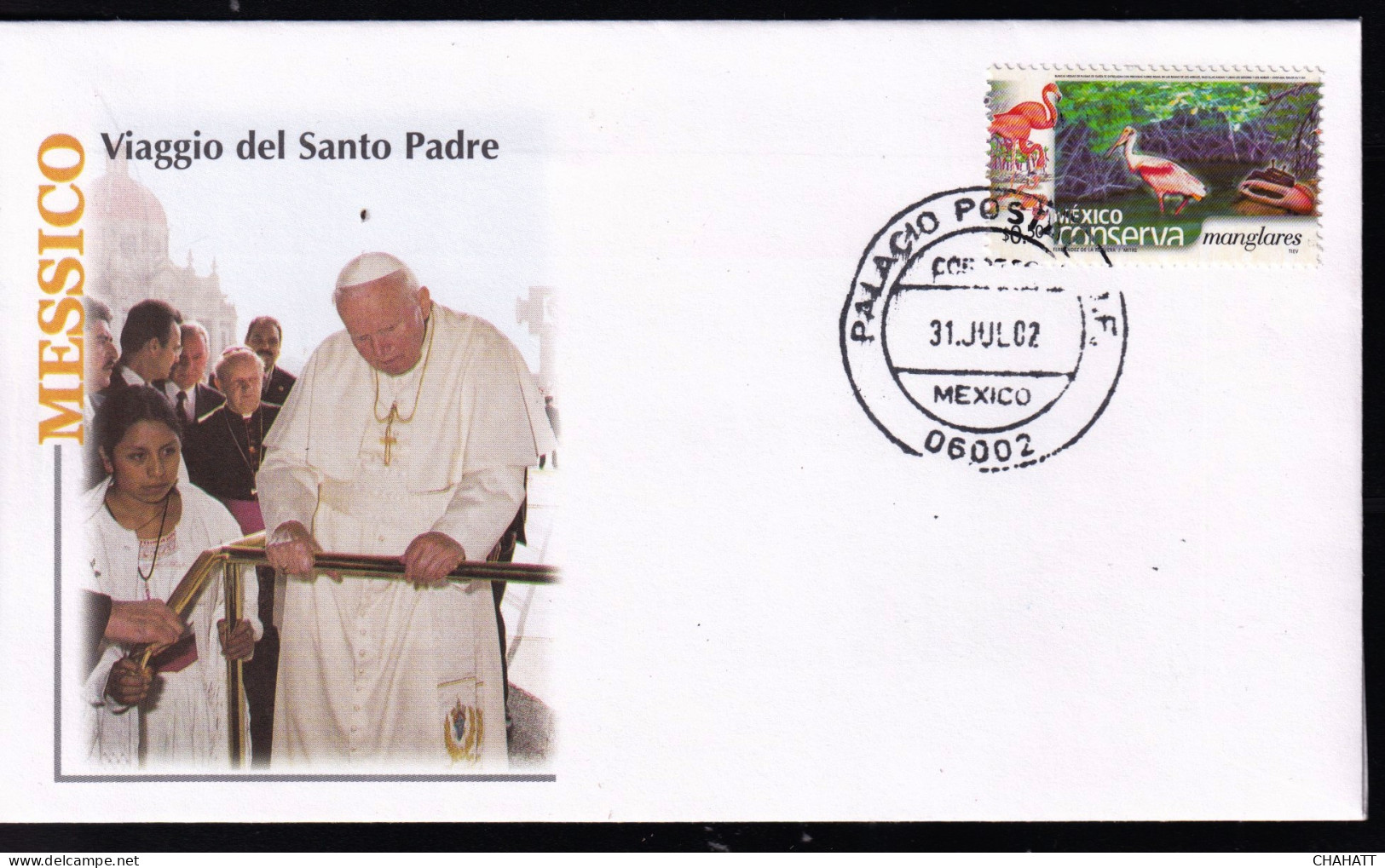 BIRDS- FLAMINGOS AND SPOONBILLS MEXICO STAMP ON SOUVENIR COVER- POPE PAUL VISIT-MEXICO-2002-BX3-46 - Flamants
