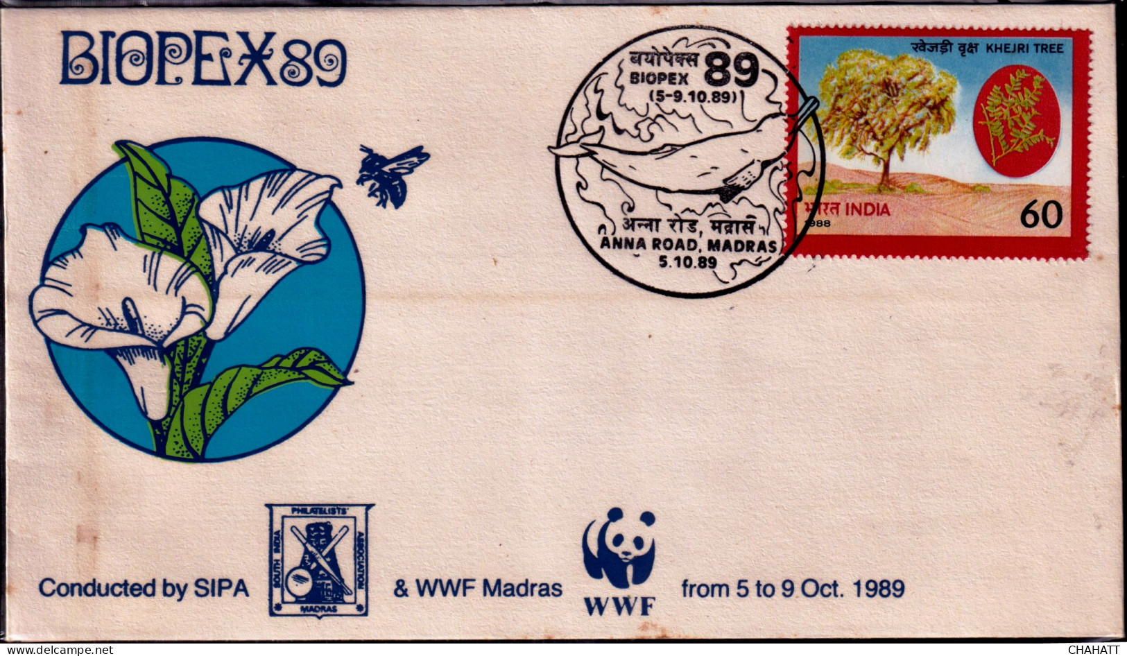BIOPEX-89-ARUM LILY FLOWER-GANGETIC DOLPHINS-KHEJRI TREE-WWF-SOUVENIR COVER-INDIA-1989- SCARCE-BX3-46 - Protection De L'environnement & Climat