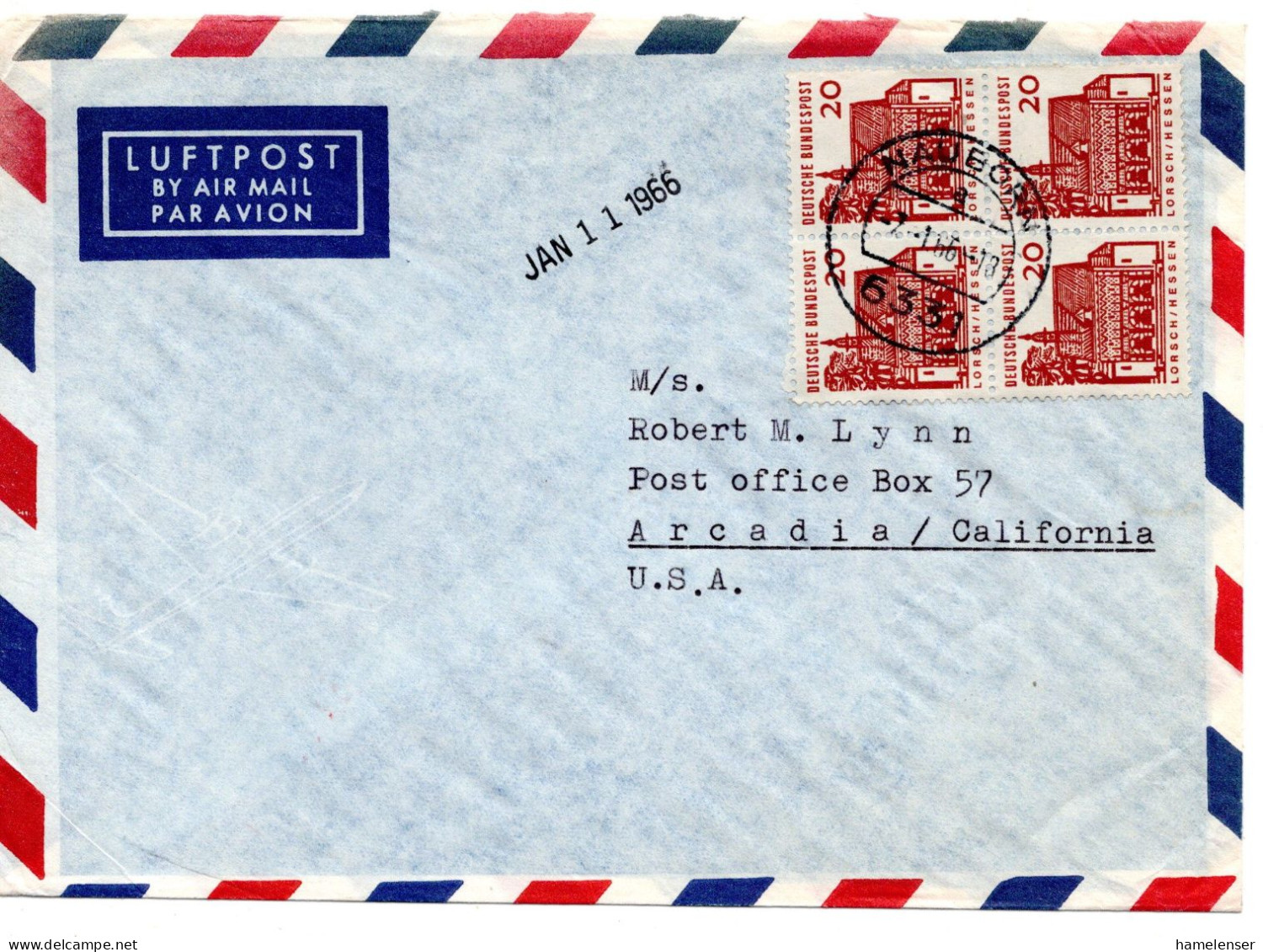 70196 - Bund - 1966 - 20Pfg Kl.Bauten 田 A LpBf NAUBORN -> Arcadia, CA (USA) - Covers & Documents