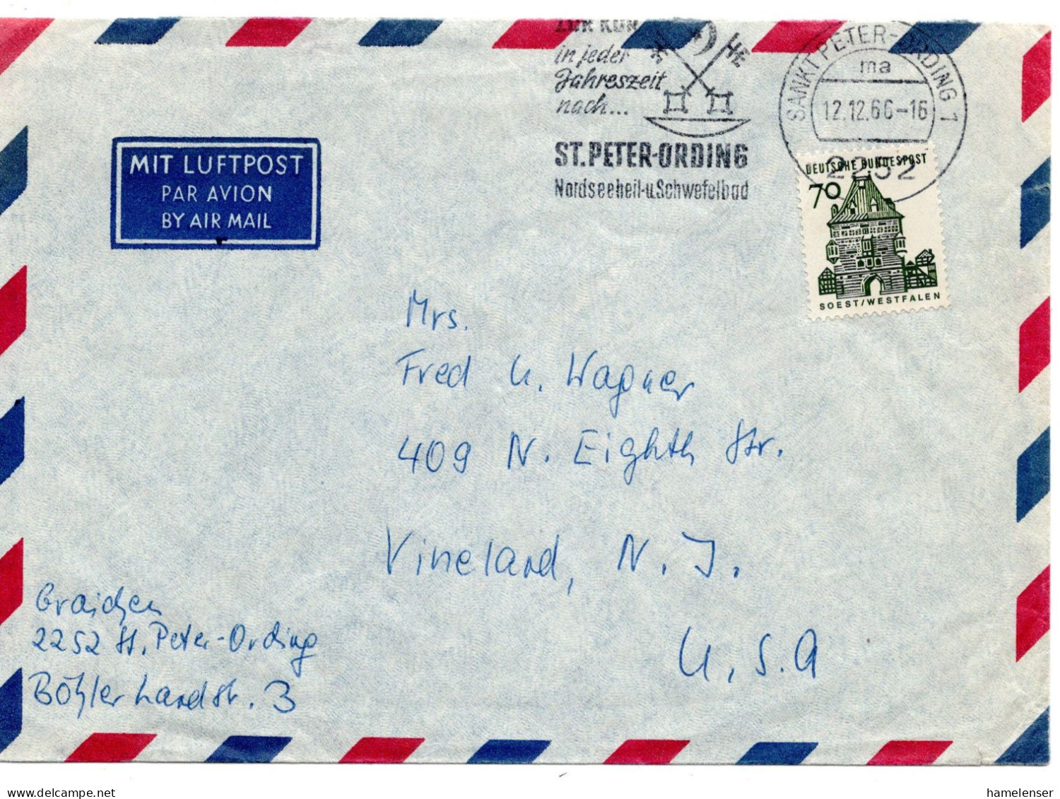 70198 - Bund - 1966 - 70Pfg Kl.Bauten EF A LpBf ST PETER-ORDING - ... -> Vineland, NJ (USA) - Lettres & Documents