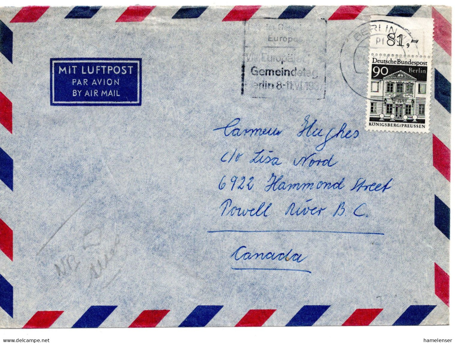 70202 - Bund - 1967 - 90Pfg Gr.Bauten A LpBf BERLIN - ... -> Powell River, BC (Canada) - Briefe U. Dokumente