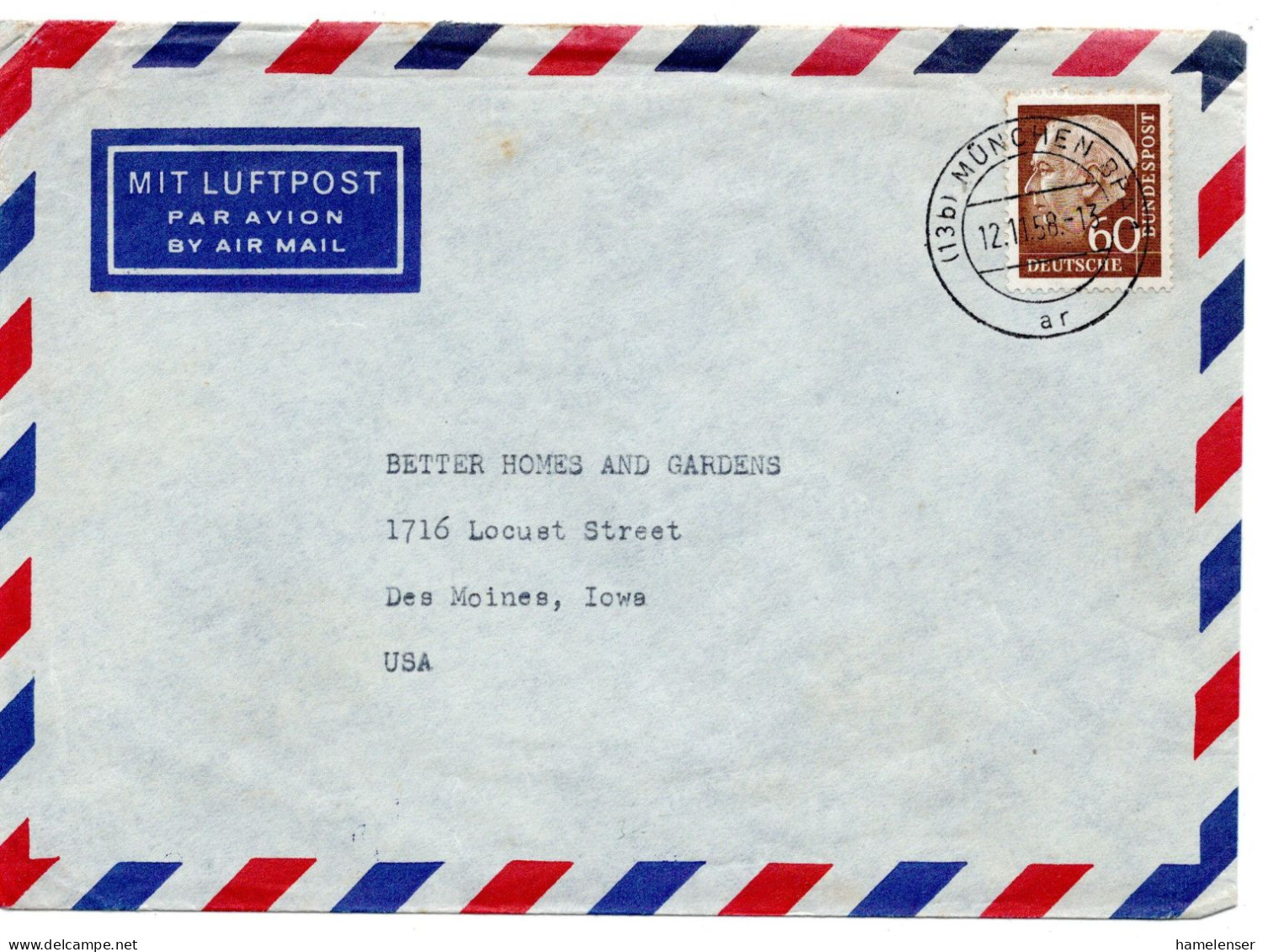 70203 - Bund - 1958 - 60Pfg Heuss II EF A LpBf MUENCHEN -> Des Moines, IA (USA) - Briefe U. Dokumente