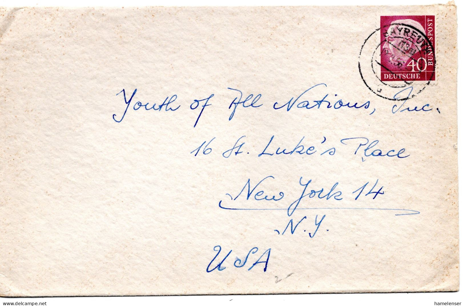 70209 - Bund - 1956 - 40Pfg Heuss I EF A Bf BAYREUTH -> New York, NY (USA) - Cartas & Documentos