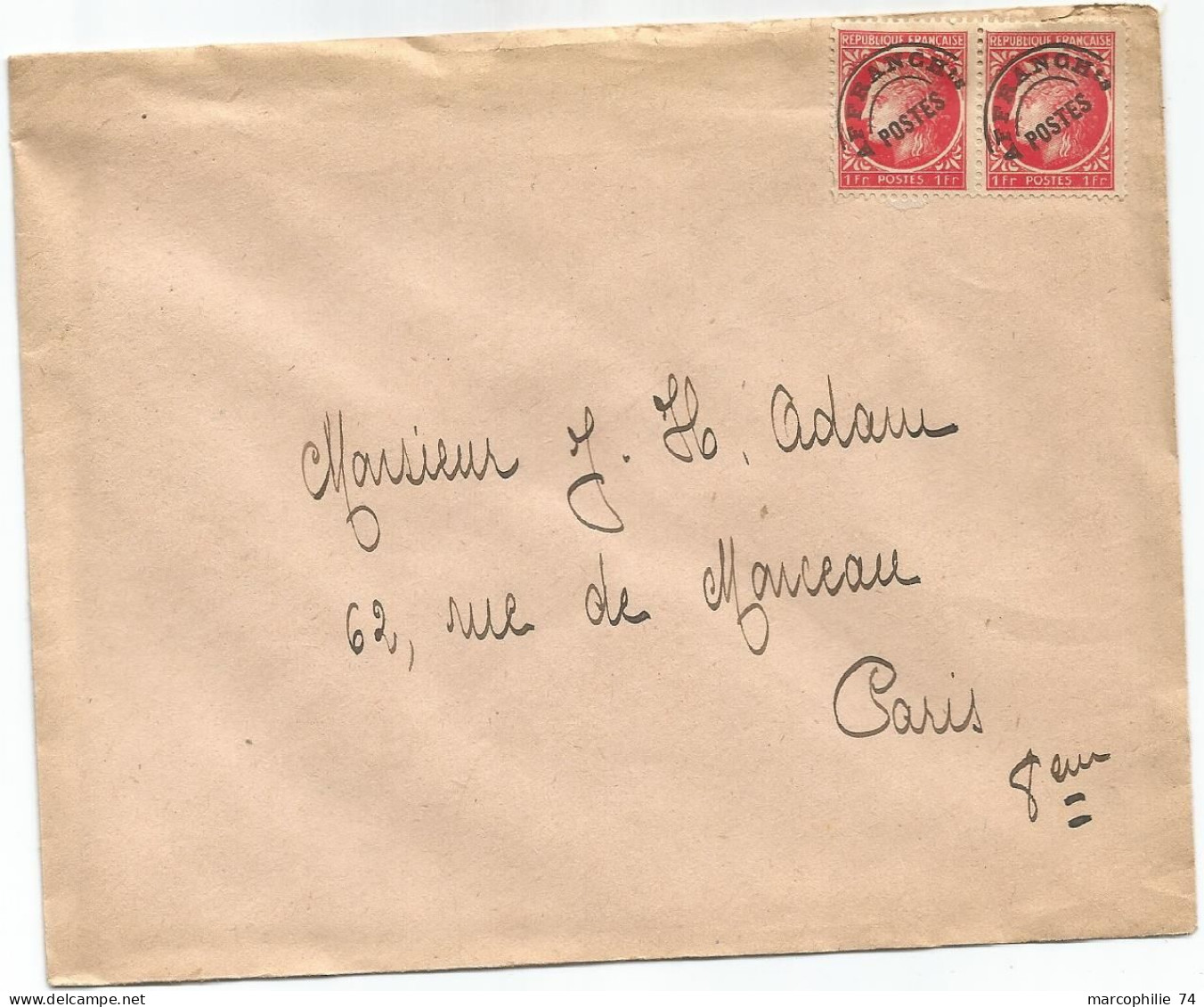 FRANCE MAZELIN 1FR PREO PAIRE LETTRE POUR PARIS - 1945-47 Ceres Of Mazelin