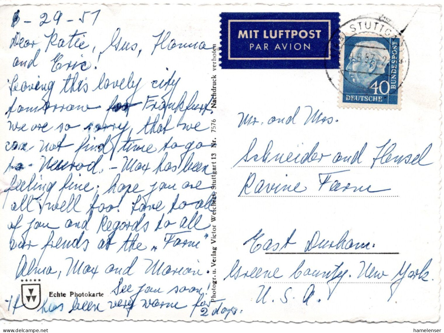 70213 - Bund - 1957 - 40Pfg Heuss II EF A LpAnsKte STUTTGART -> East Durham, NY (USA) - Covers & Documents