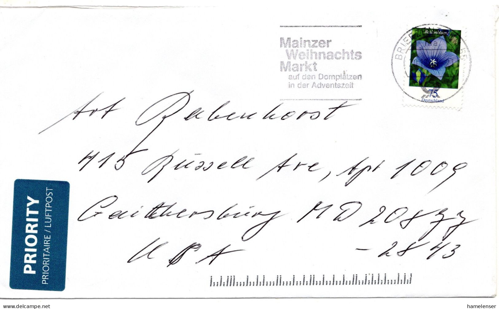 70214 - Bund - 2011 - 75c Blumen EF A LpBf BRIEFZENTRUM 55 - ... -> Gaithersburg, MD (USA) - Storia Postale