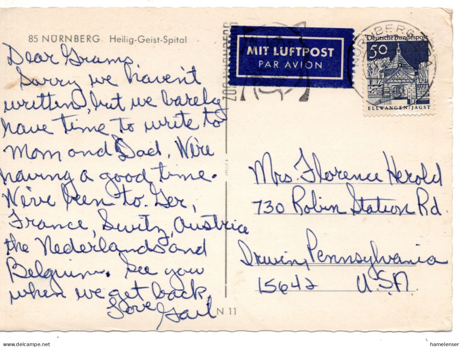 70218 - Bund - 1970 - 50Pfg Gr.Bauten EF A LpAnsKte NUERNBERG - ... -> Irwin, PA (USA) - Storia Postale