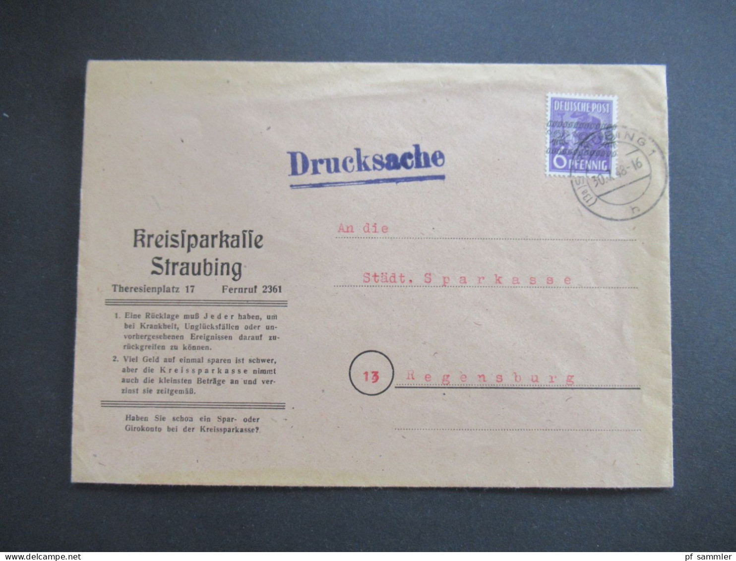 Bandaufdruck 1948 Nr.37 I EF Dekorativer Umschlag Kreissparkasse Straubing Mit Werbung Besucht Die Rennen Traberstadt - Covers & Documents