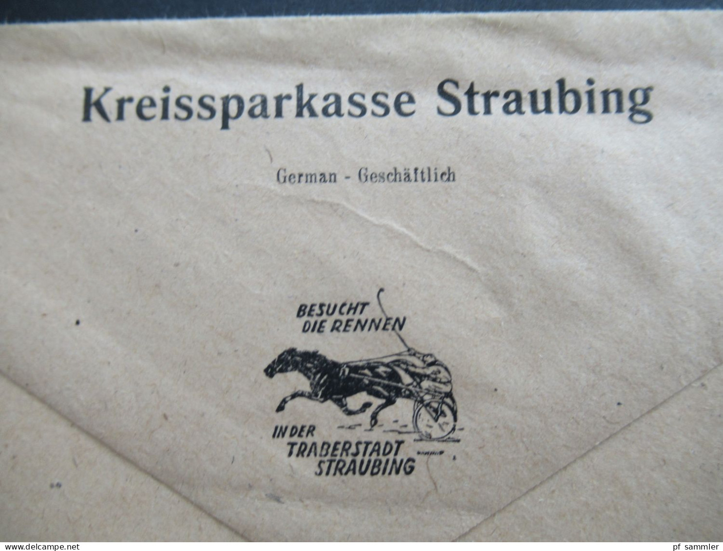 Bandaufdruck 1948 Nr.37 I EF Dekorativer Umschlag Kreissparkasse Straubing Mit Werbung Besucht Die Rennen Traberstadt - Covers & Documents