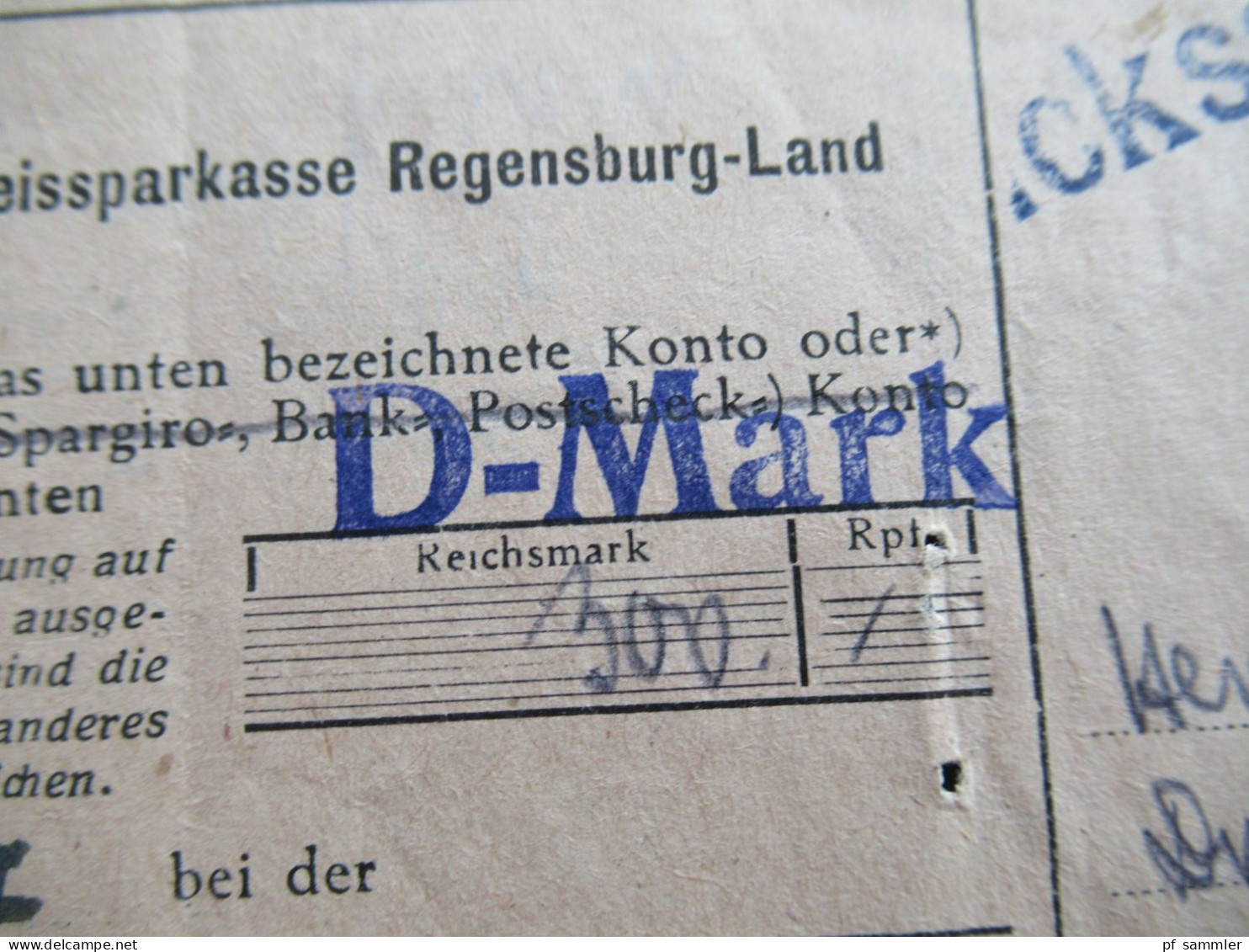 Bandaufdruck 1948 Nr.37 I EF Drucksache / Überweisung über 300 Reichsmark Kreissparkasse Wolfstein In Freyung - Lettres & Documents