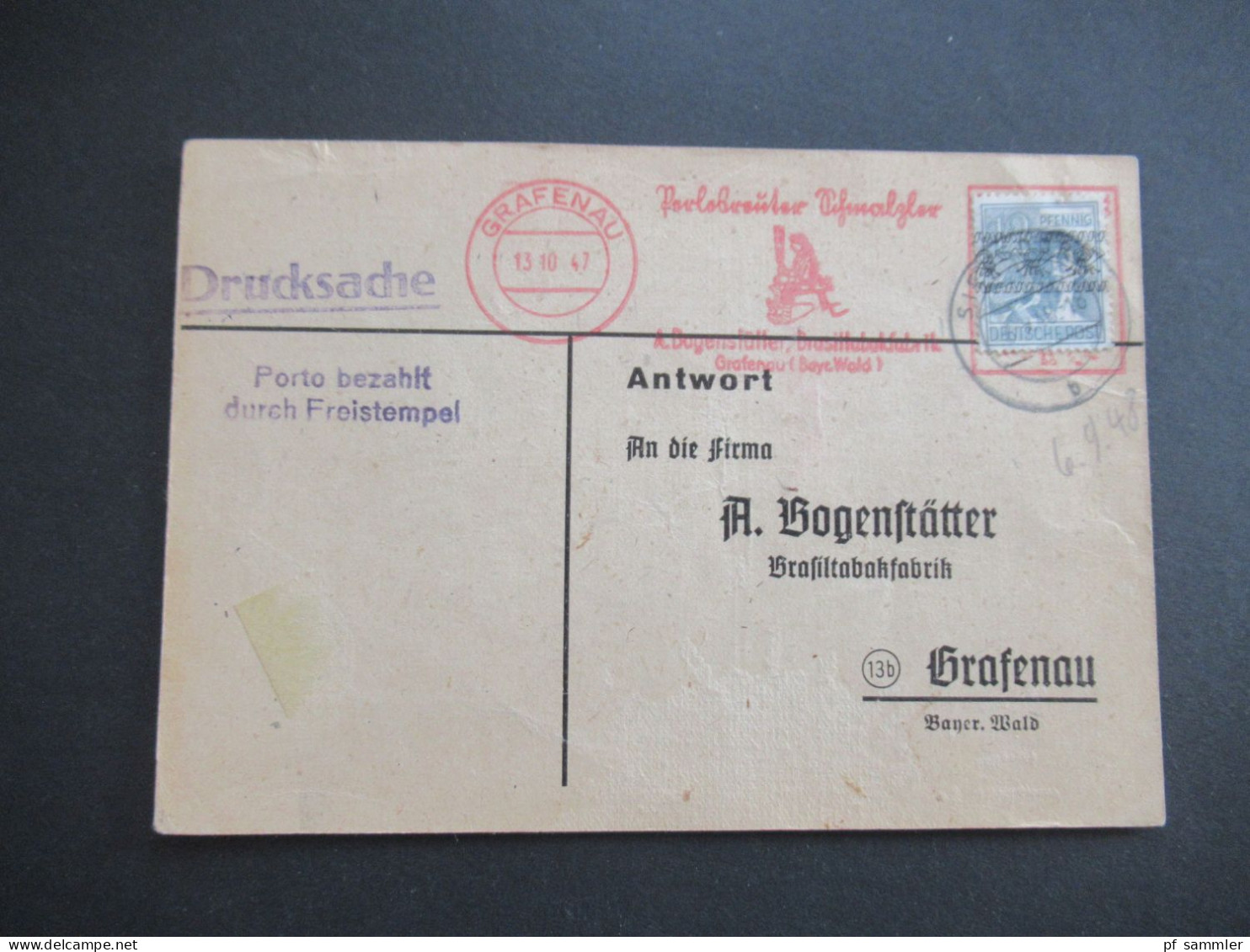 Bizone 1948 Nr.40 I EF Drucksache Antwortkarte Freistempel Grafenau Mit Marke überklebt! Porto Bezahlt Durch Freistempel - Storia Postale