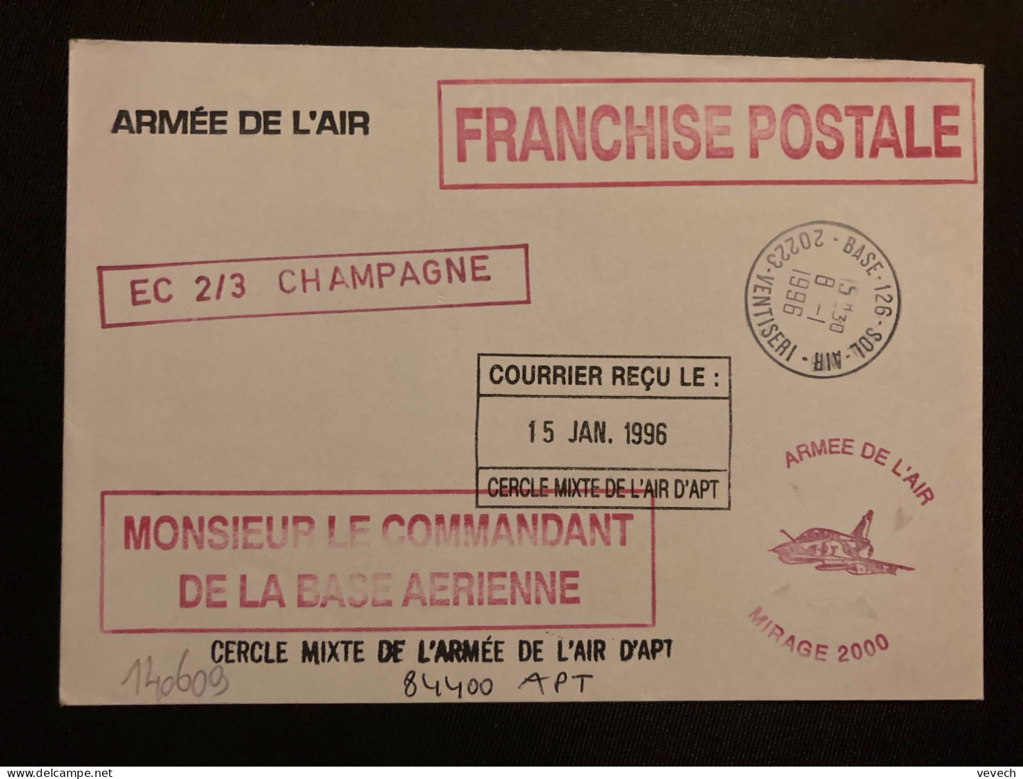 LETTRE OBL.25-4 2000 BASE 126 SOL AIR 20223 VENTISERI + ARMEE DE L'AIR + EC 2/3 CHAMPAGNE - Militärische Luftpost