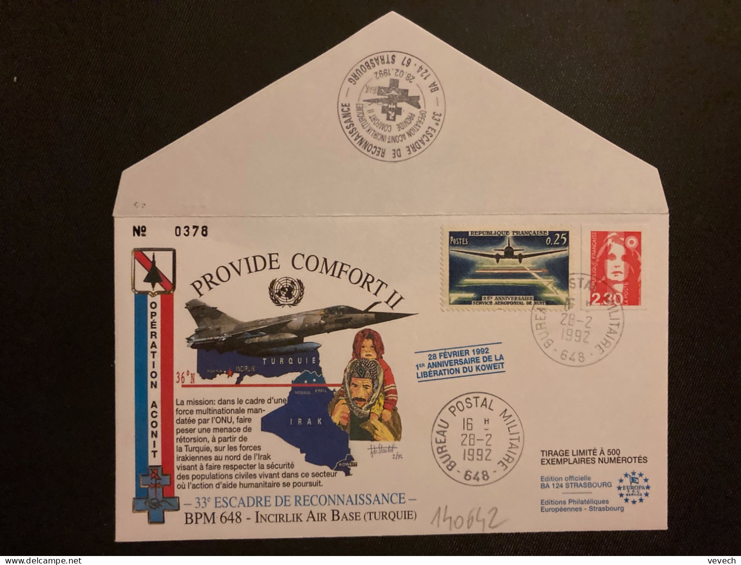 LETTRE OPERATION ACONIT TP M DE BRIAT 2,30 + AEROPOSTAL 0,25 OBL.28-2 1992 BUREAU POSTAL MILITAIRE 648 + BA 124 67 STRAS - Militaire Luchtpost