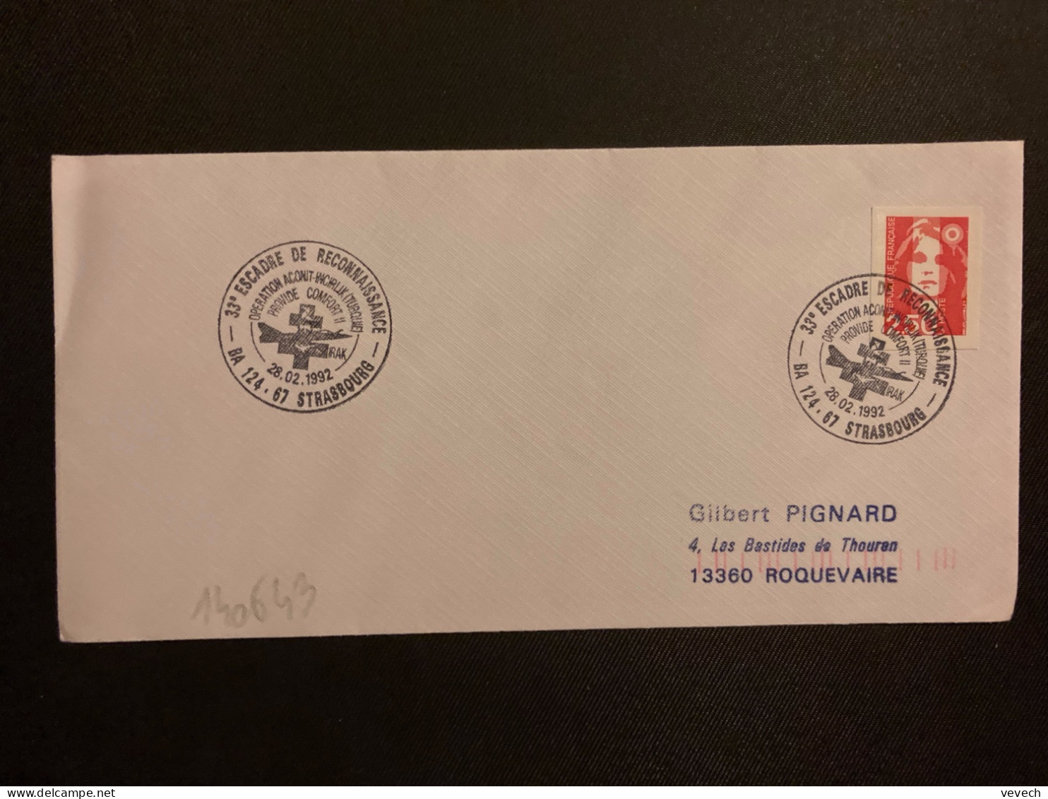 LETTRE TP M DE BRIAT 2,50 OBL.28 02 1992 BA 124 67 STRASBOURG OPERATION ACONIT 33e ESCADRE DE RECONNAISSANCE - Military Airmail