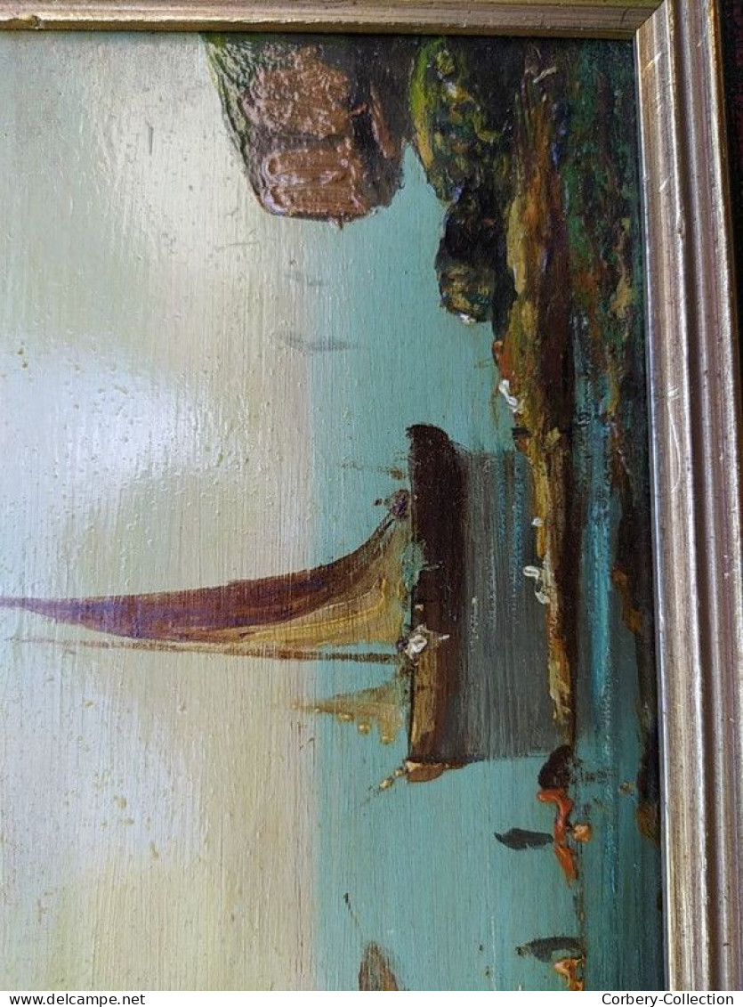 Ancien Tableau Marine Huile sur Panneau Paysage Marin Animée Bateau Pêcheurs 01