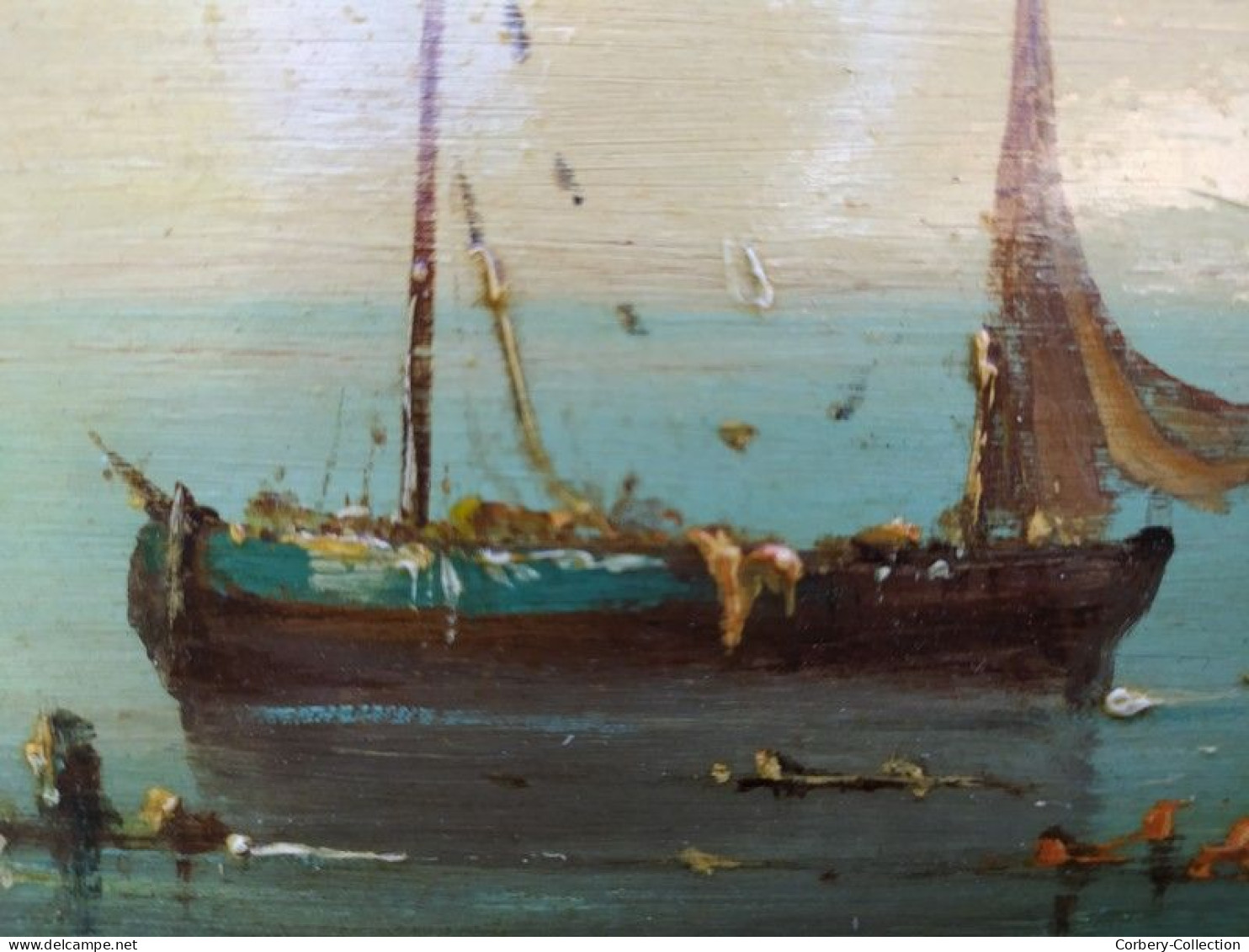 Ancien Tableau Marine Huile sur Panneau Paysage Marin Animée Bateau Pêcheurs 01