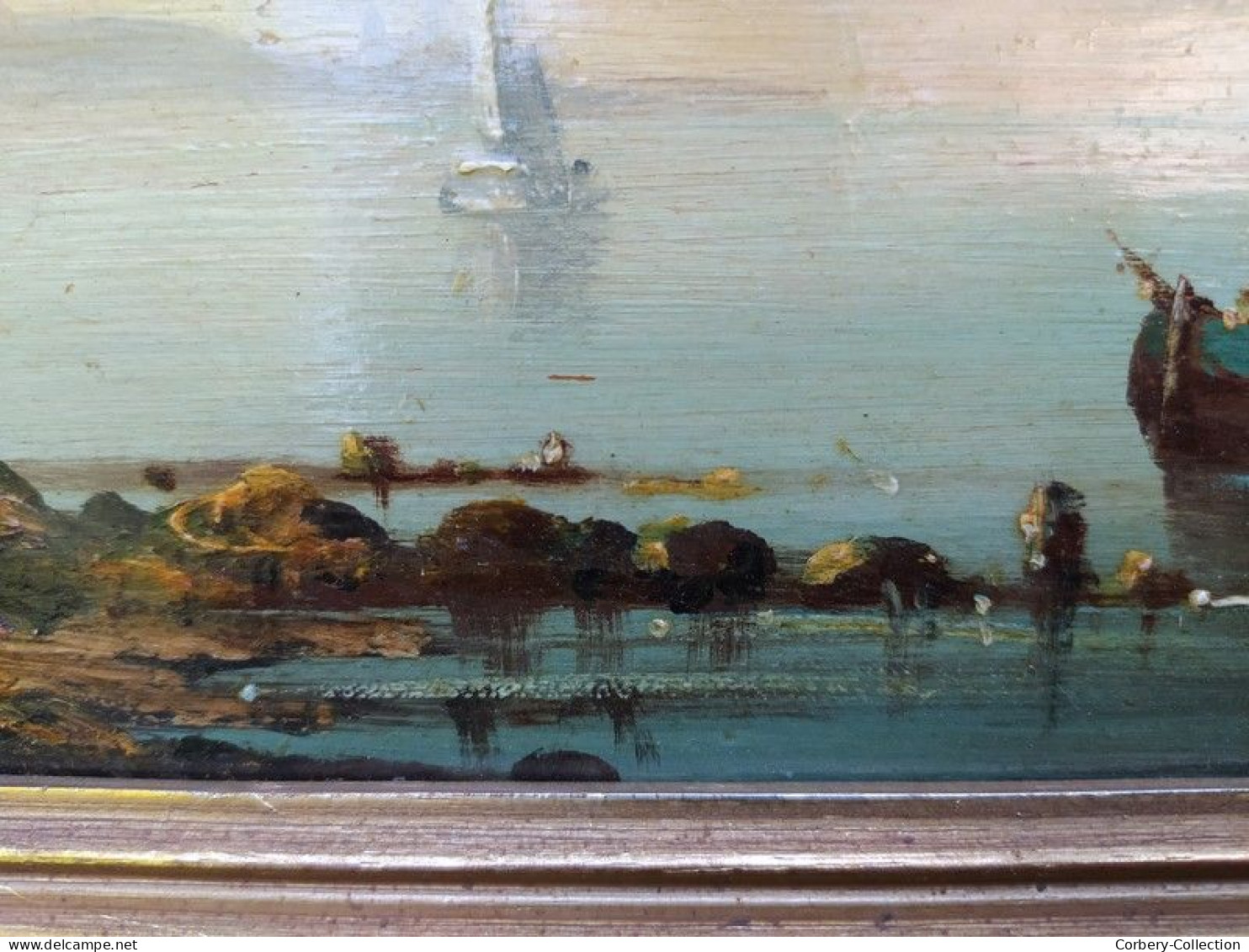 Ancien Tableau Marine Huile sur Panneau Paysage Marin Animée Bateau Pêcheurs 01