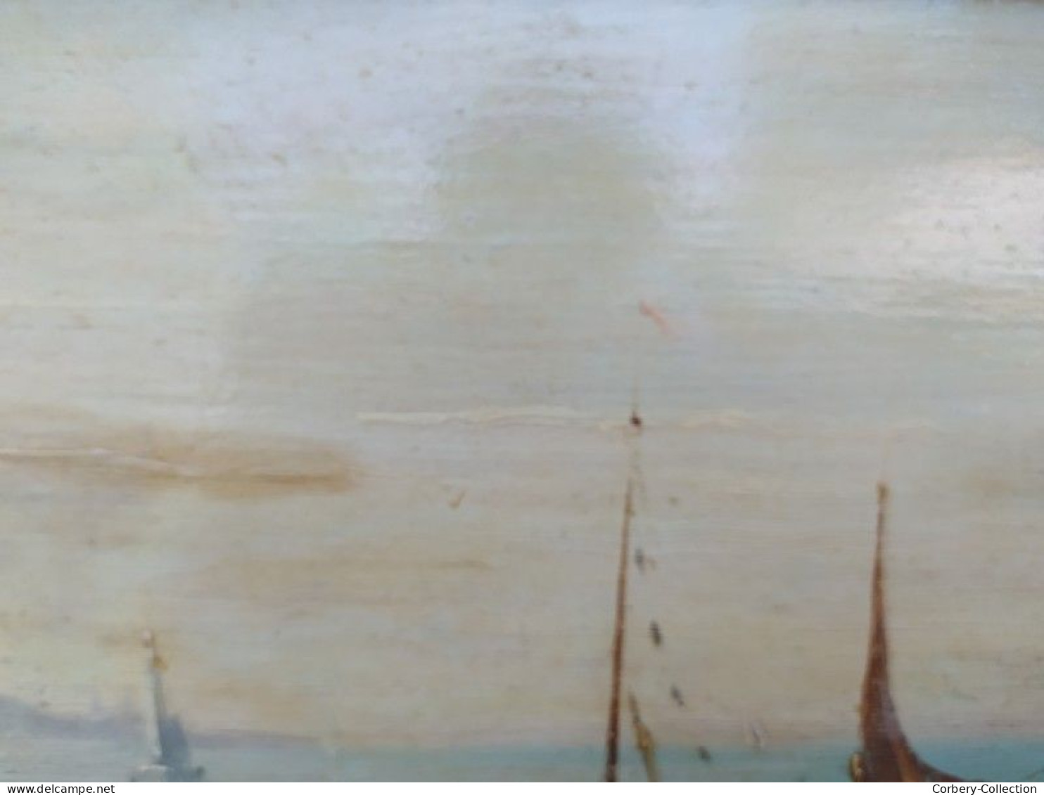 Ancien Tableau Marine Huile sur Panneau Paysage Marin Animée Bateau Pêcheurs 01