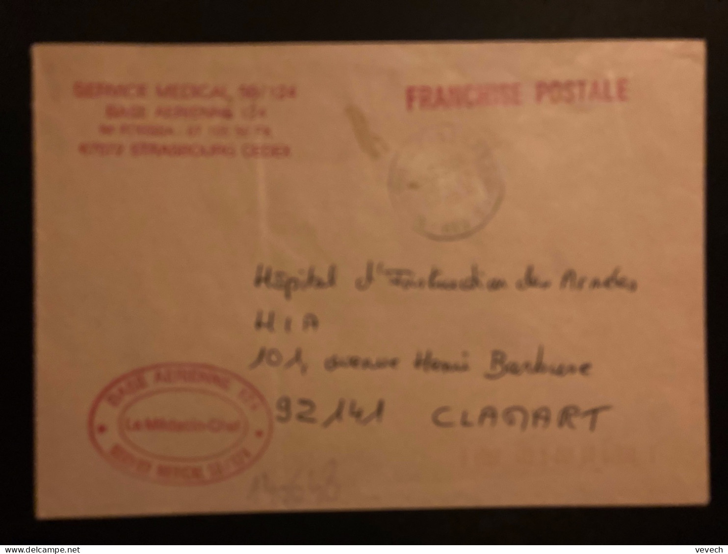 LETTRE OBL.22-10 1990 67 STRASBOURG AIR BAS-RHIN + SERVICE MEDICAL 50-124 BASE AERIENNE 124 - Military Airmail