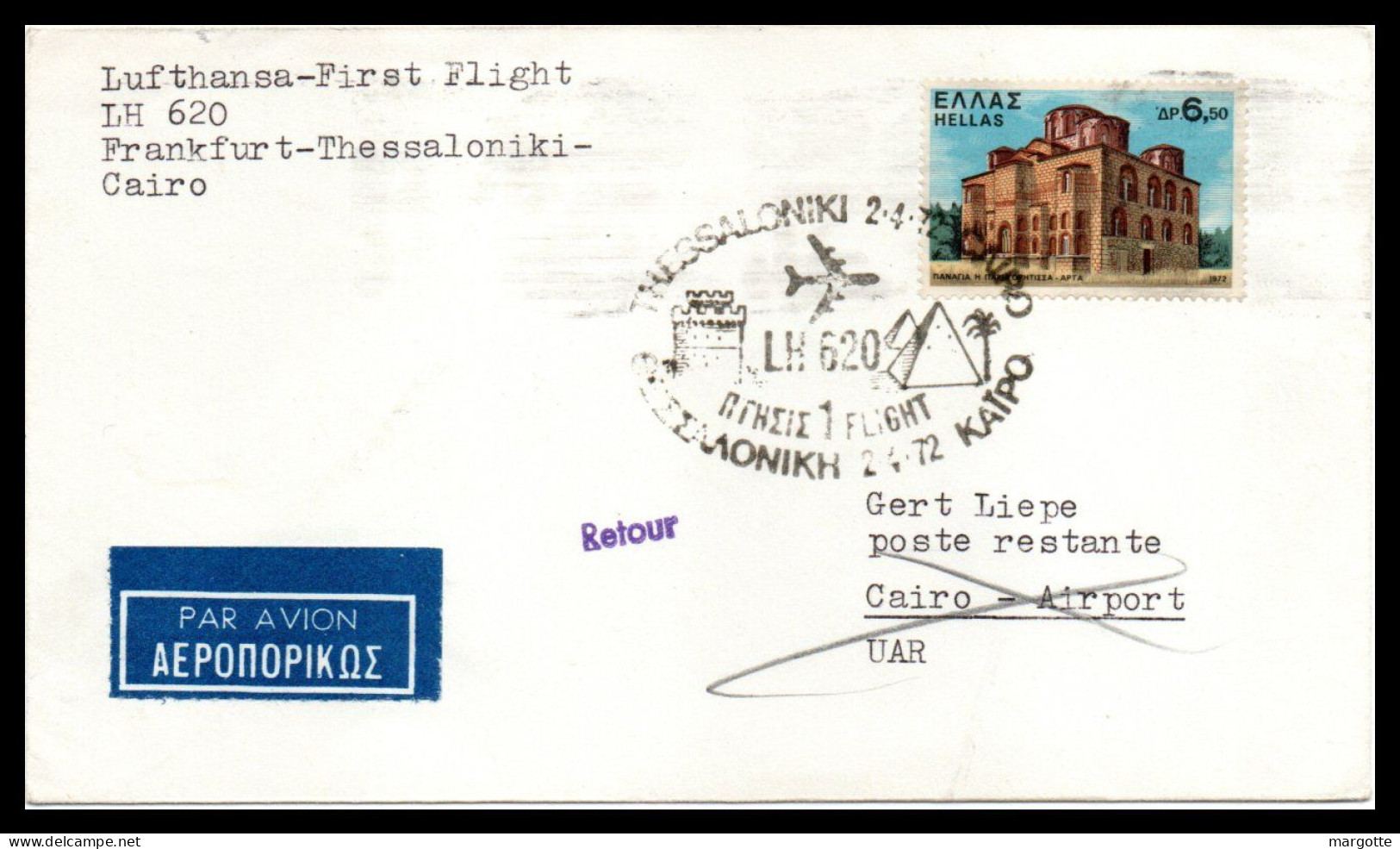 FFC Lufthansa  Frankfurt-Thessaloniki-Cairo  02/04/1972 - Lettres & Documents