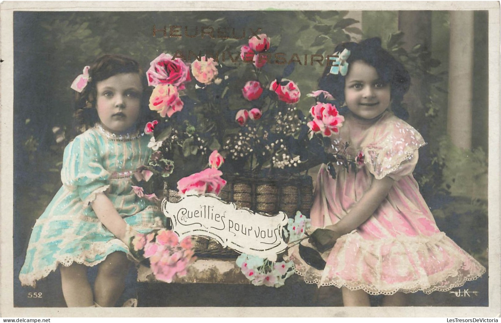 FETES ET VOEUX - Anniversaire - Deux Petites Filles Tenant Un Panier De Fleurs - Colorisé - Carte Postale Ancienne - Compleanni