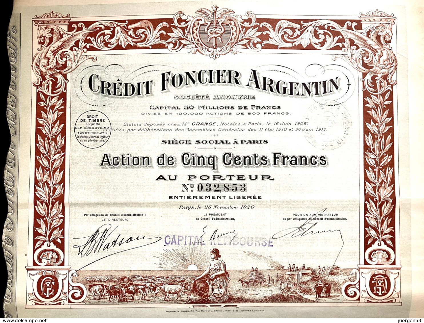 Crédit Foncier Argentin S. A., Action 1920 - Banque & Assurance