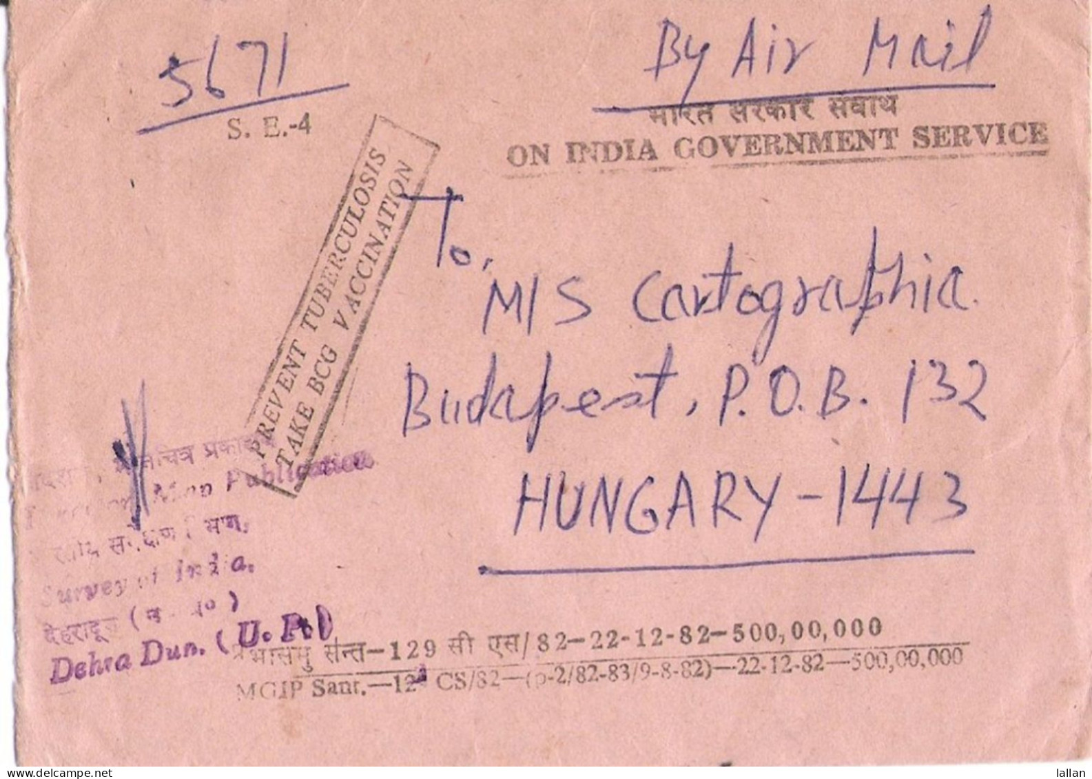 "PREVENT TUBERCULOSIS TAKE BCG VACCINATION"-Slogan In Bold On Govt. Of India Envelope Sent To Hungary,Rare, 1983LPS1 - Maladies