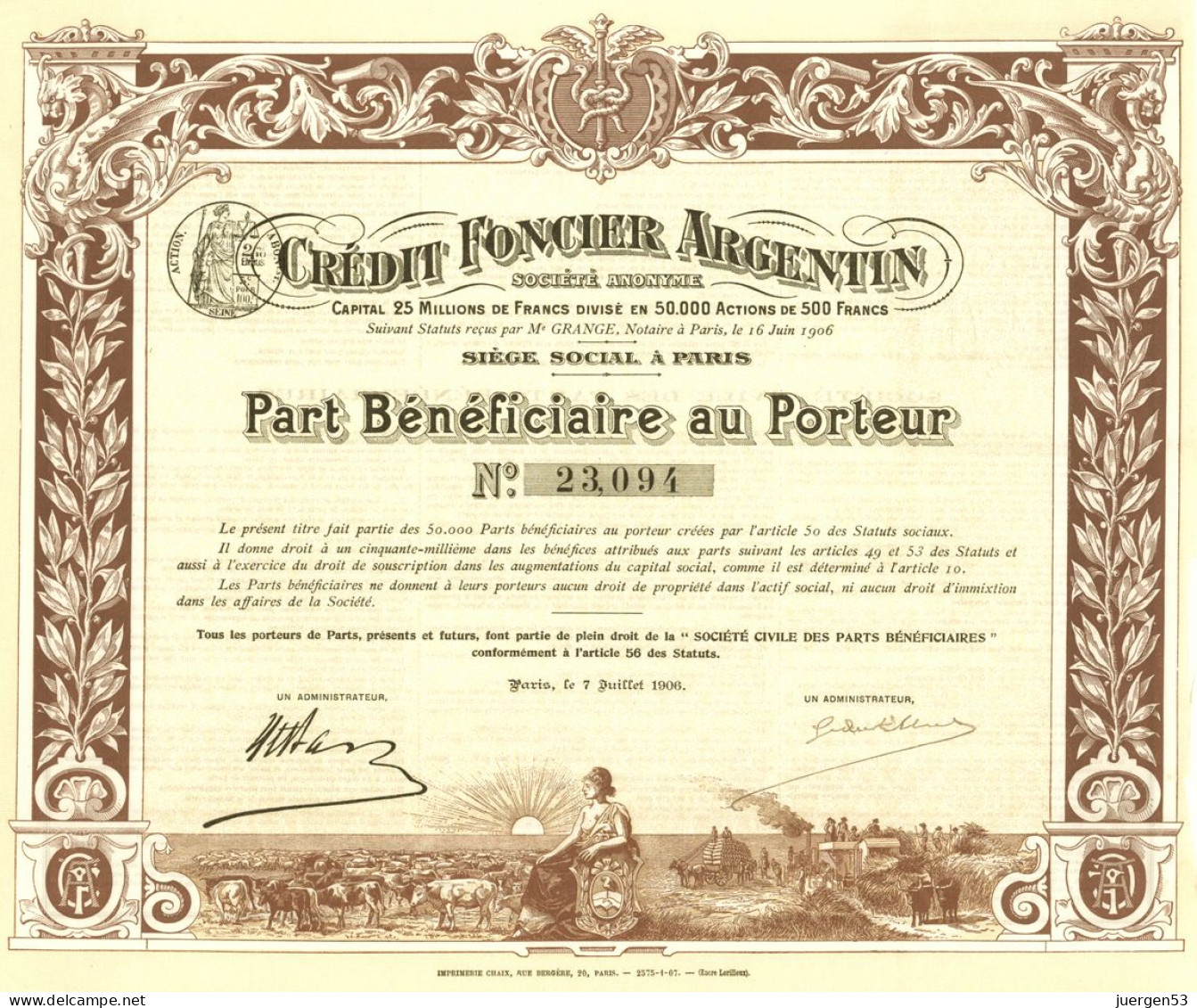 Crédit Foncier Argentin S. A., Part Bénéficiaire 1906 - Banque & Assurance