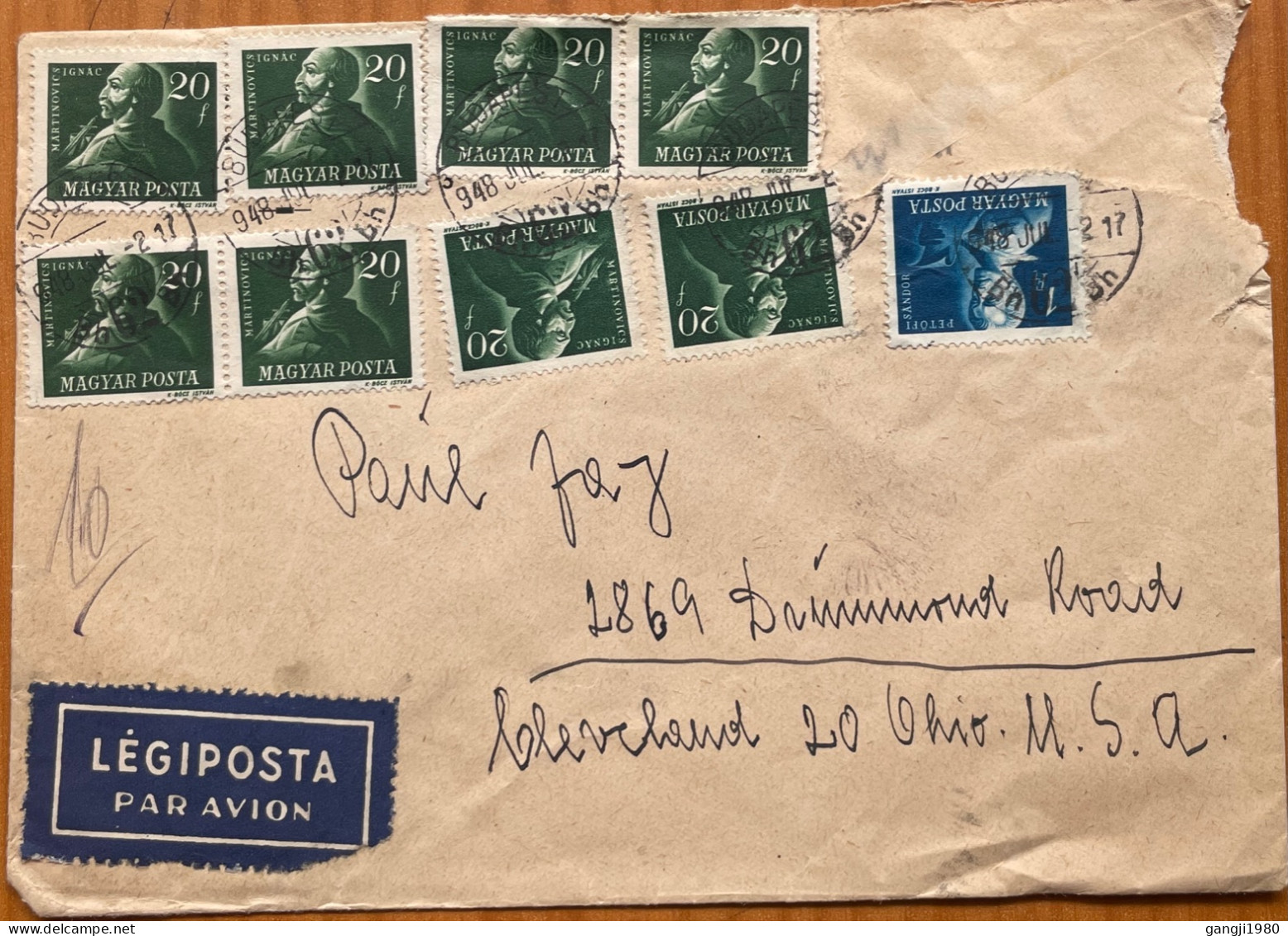 HUNGARY 1948,  TORNED COVER, USED TO USA, 9 MULTI STAMP, WRITER MARTINOVICS. S. PETOFI PORTRAIT, POET, BUDAPEST CITY CAN - Covers & Documents