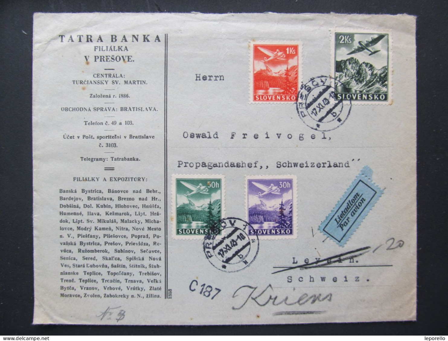 BRIEF Prešov - Leysin Švýcarsko Letecký 1943 Tatrabanka   /// R1166 - Covers & Documents