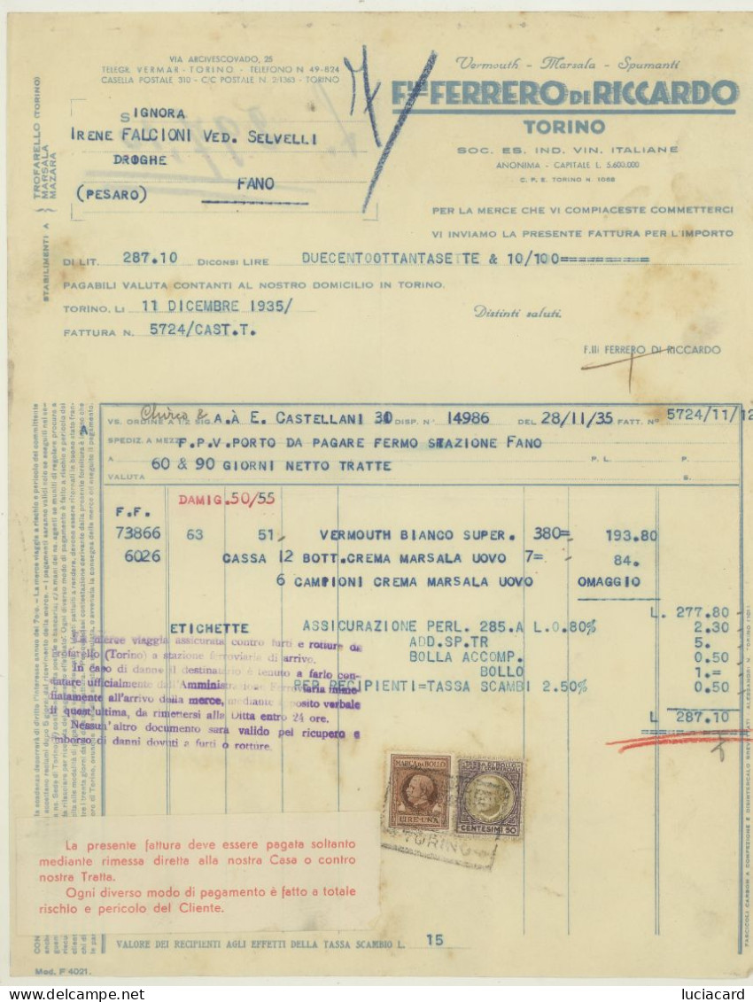 TORINO 1935 F.LLI FERRERO Di RICCARDO -VERMOUTH MARSALA SPUMANTI - Invoices