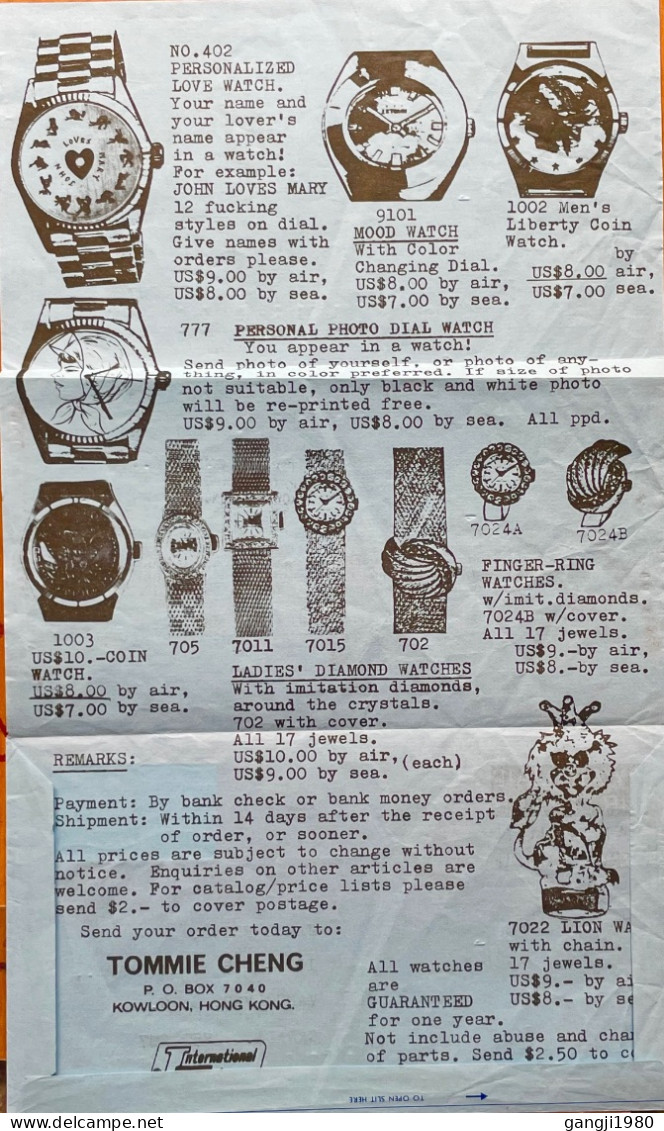 HONGKONG 1976, AEROGRAMME USED TO CANADA, ADVERTISING OF DIFFERENT FANCY WATCH, FIRM TOMMIE CHENG. - Lettres & Documents