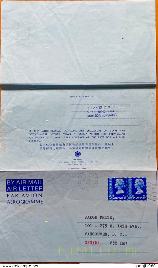 HONGKONG 1976, AEROGRAMME USED TO CANADA, ADVERTISING OF DIFFERENT FANCY WATCH, FIRM TOMMIE CHENG. - Lettres & Documents